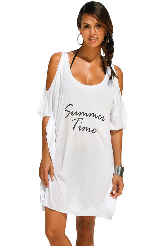 RV412-2 Rochie alba de plaja cu umerii goi si logo Summer Time