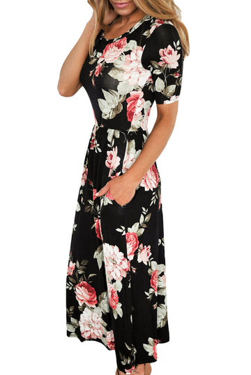 Rochie casual de vara cu imprimeu floral maneci scurte si buzunare RV459-1