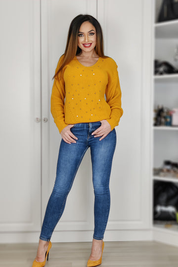 Pulover calduros accesorizat cu strasuri in fata X735-991